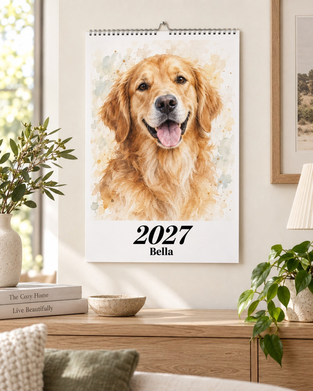 Kalender 2027 mit Golden Retriever Bella als fertigem Aquarellportrait