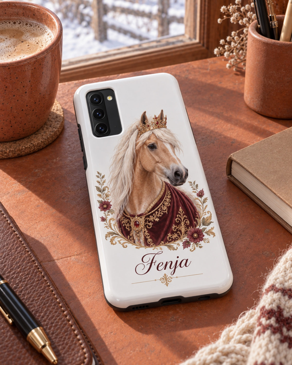 Samsung Galaxy S20 Hülle mit Haflinger Fenja im Royal Stil auf einem terrakottafarbenen Stallbüroschreibtisch im Winter