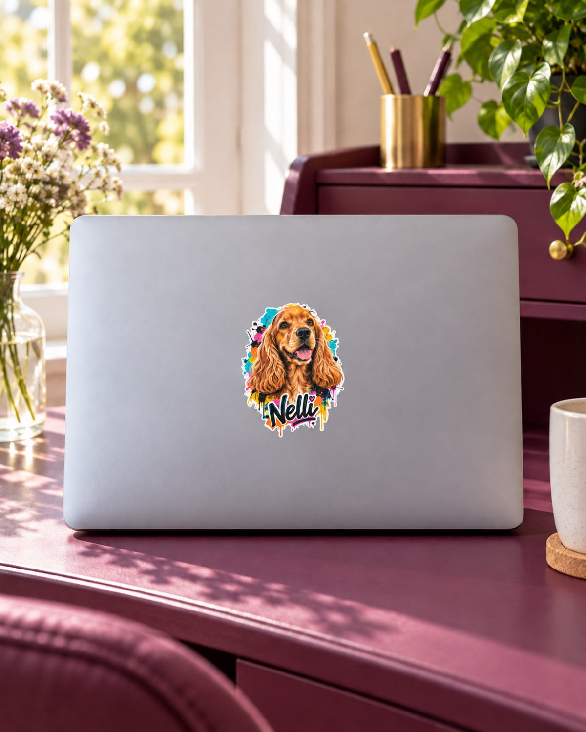 Vinylsticker 7,6 cm mit Cocker Spaniel im Street Art Stil und Namen Nelli auf einem grauen Laptop auf einem pflaumenfarbenen Sekretär im Sommer