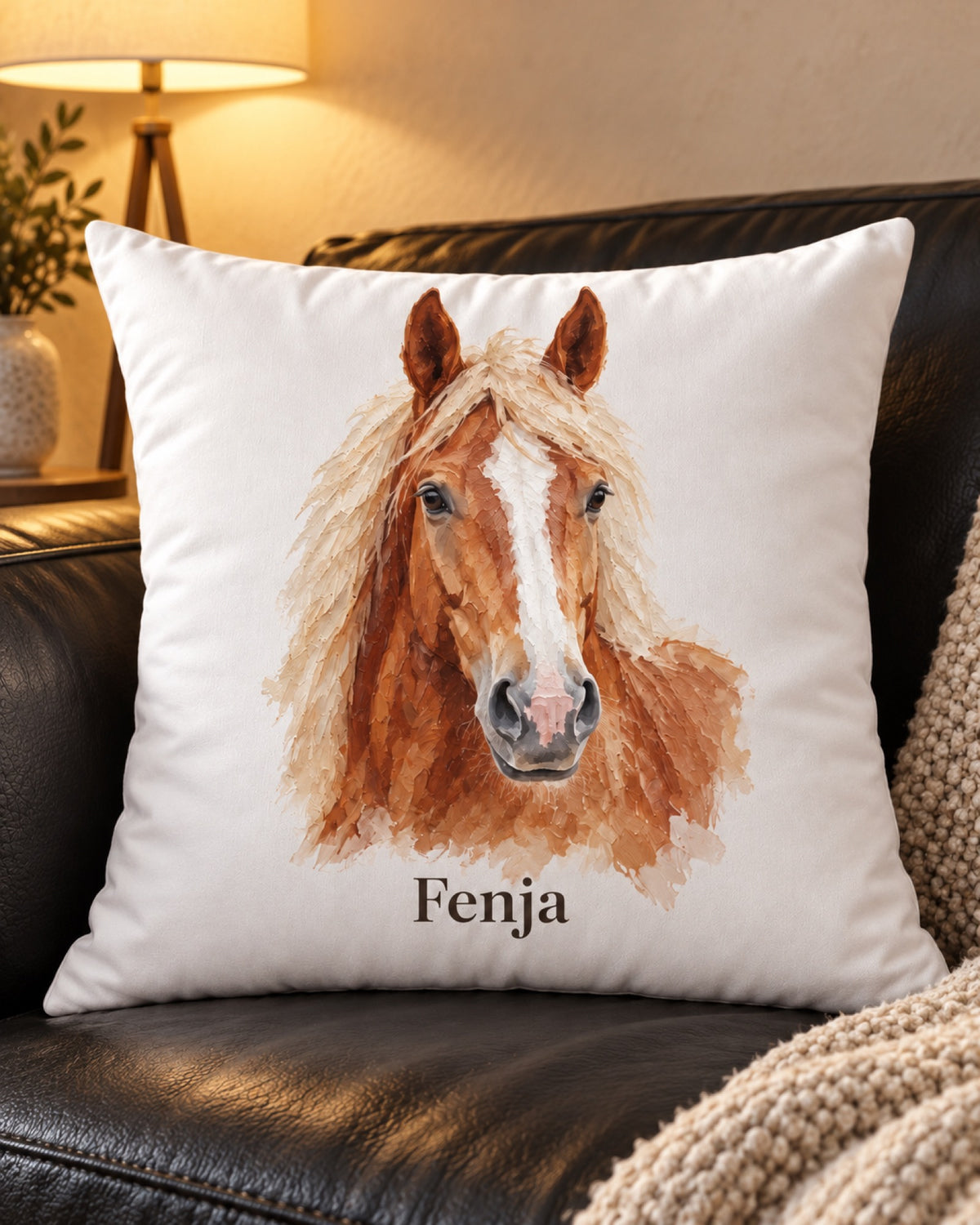 Kissenbezug mit Haflinger im Ölgemälde-Stil und Namen Fenja gezeigt mit eigener Füllung, auf einem schwarzen Ledersofa am Abend