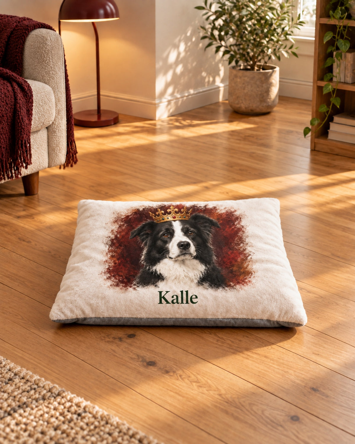 Hundeliegekissen mit schwarzweißer Border Collie Kalle auf einem hellen Dielenboden neben burgunderfarbener Leselampe als Beispiel der kleinen Ausführung 60 × 45 cm