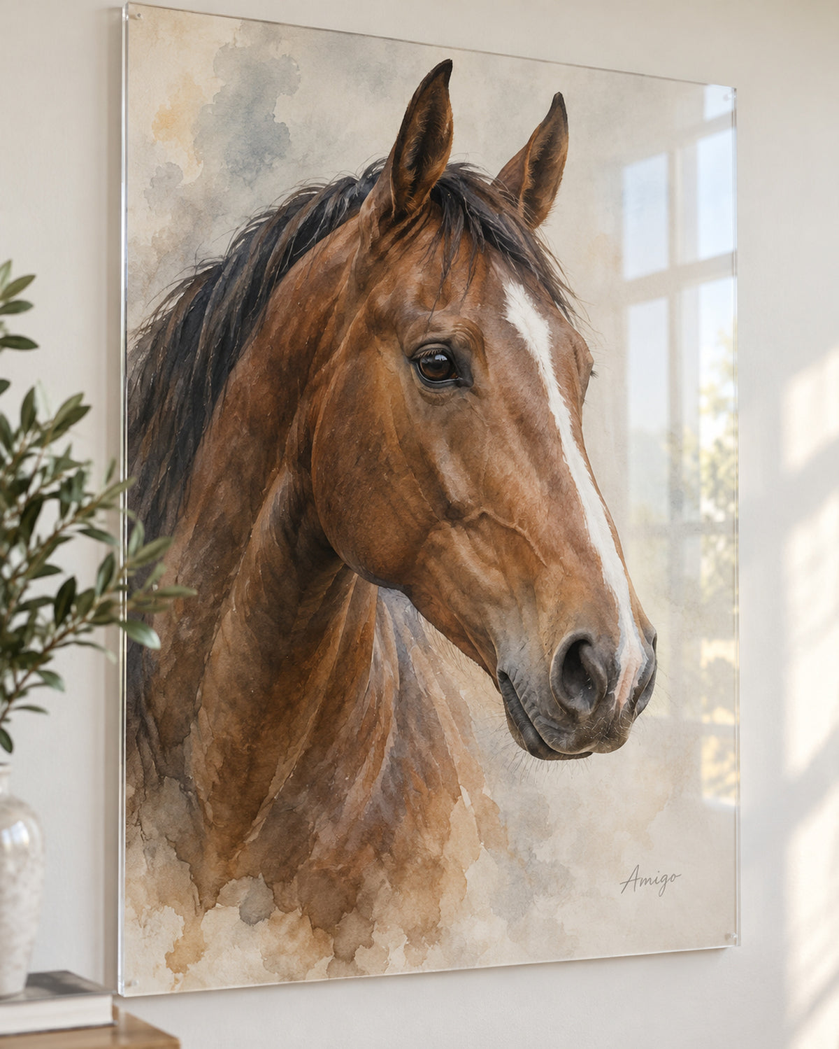 Pferdeportrait auf Acrylglas: Braunes Warmblut mit dem Namen Amigo