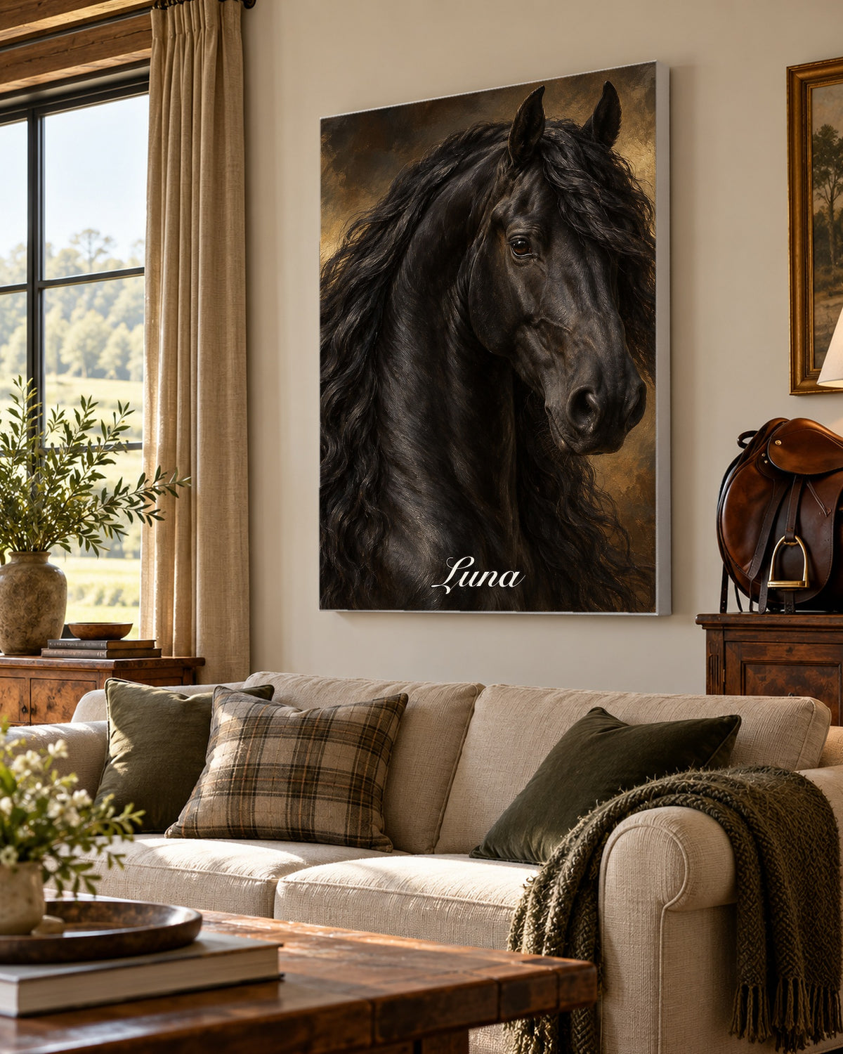Pferdeportrait als Ölgemälde auf Leinwand mit Keilrahmen, gehängt im Wohnzimmer mit Sattel und Kissen, Beispielname Luna
