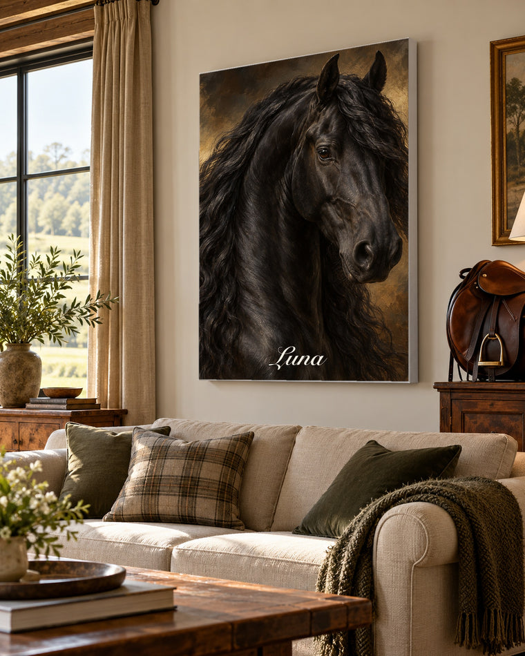 Pferdeportrait als Ölgemälde auf Leinwand mit Keilrahmen, gehängt im Wohnzimmer mit Sattel und Kissen, Beispielname Luna