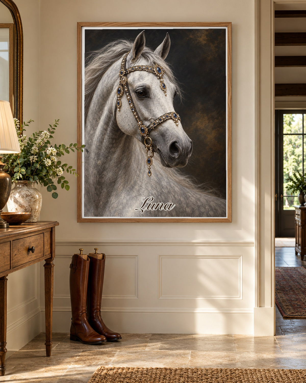 Pferdeportrait als Poster im Holzrahmen, gehängt im Eingangsbereich mit Reitstiefeln, Beispielname Luna