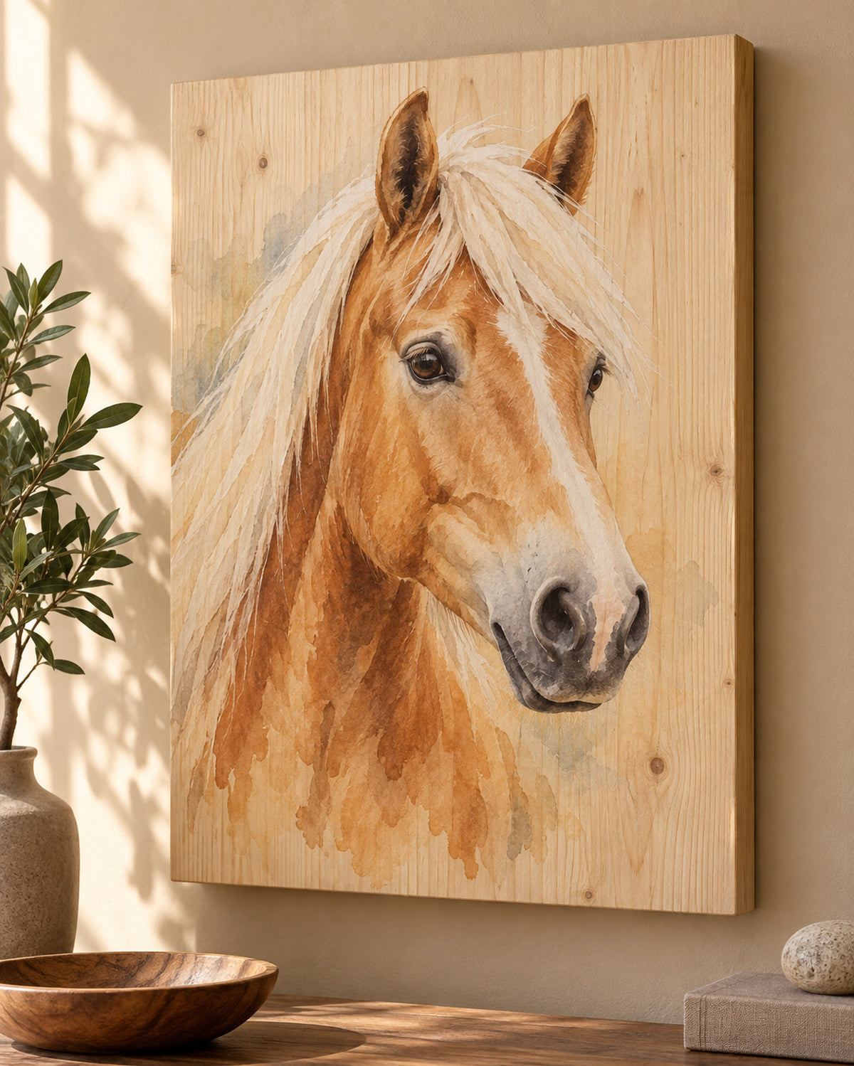 Horse portrait on wood: Haflinger named Sunny