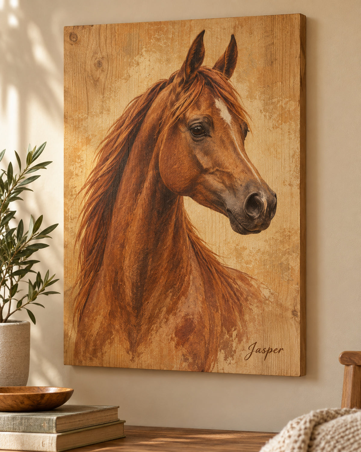 Pferdeportrait auf Holz, Beispiel Araber mit dem Namen Jasper