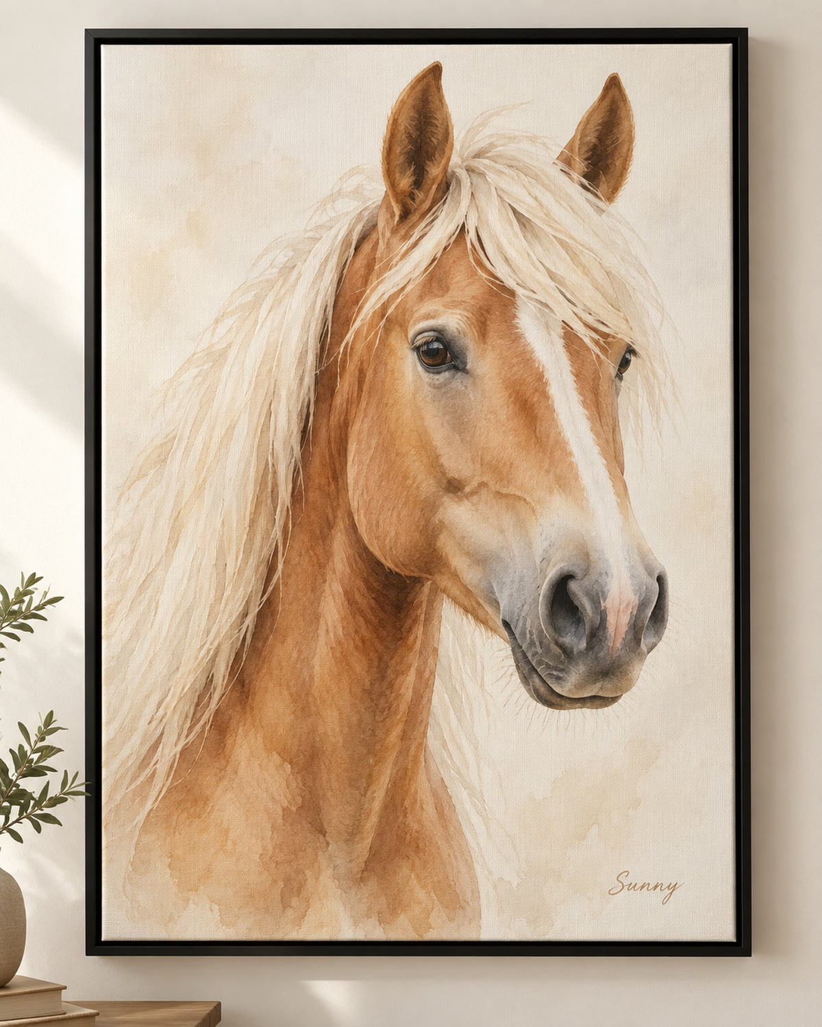 Pferdeportrait auf Leinwand mit Rahmen: Haflinger mit dem Namen Sunny