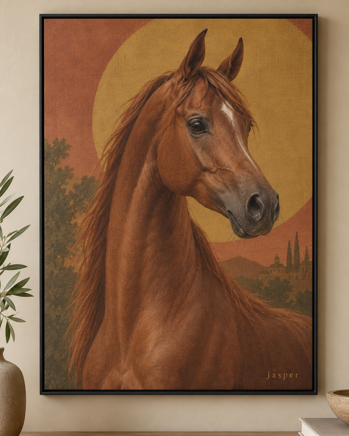 Pferdeportrait auf Leinwand mit Rahmen, Beispiel Araber mit dem Namen Jasper