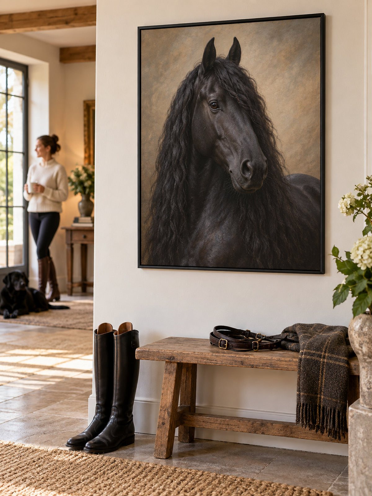 Pferdeportrait im Metallrahmen im Wohnzimmer, Friese