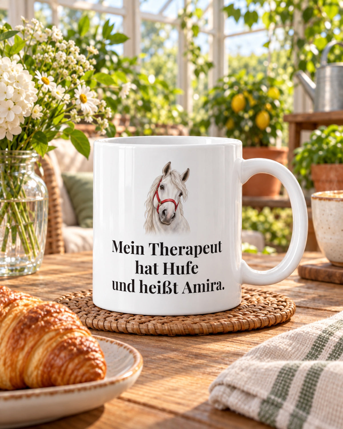 Weiße Tasse mit Schimmelkopf und Spruch Mein Therapeut hat Hufe und heißt Amira