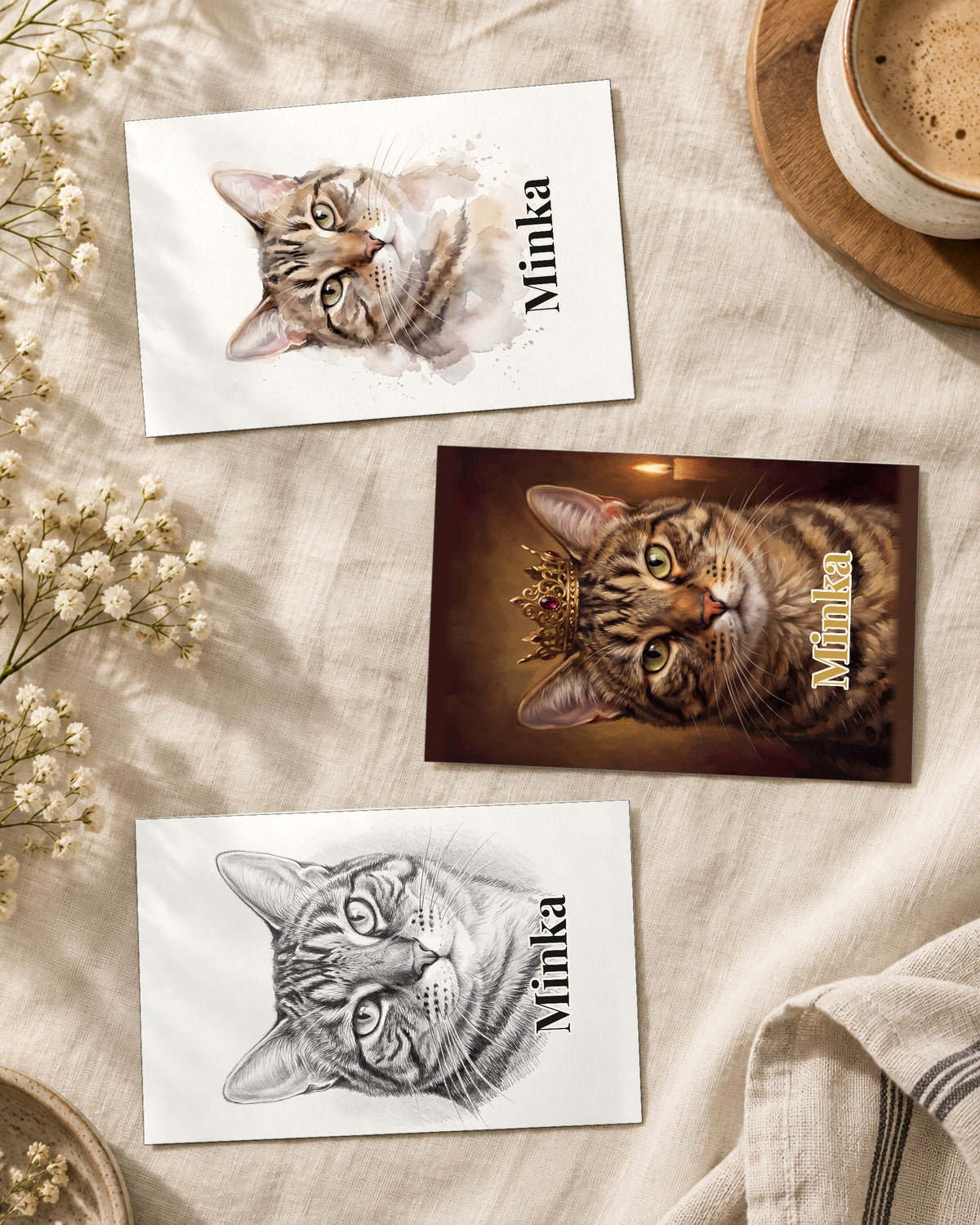 Postkarten mit deiner Katze mit Namen Minka in drei Stilen auf Leinen