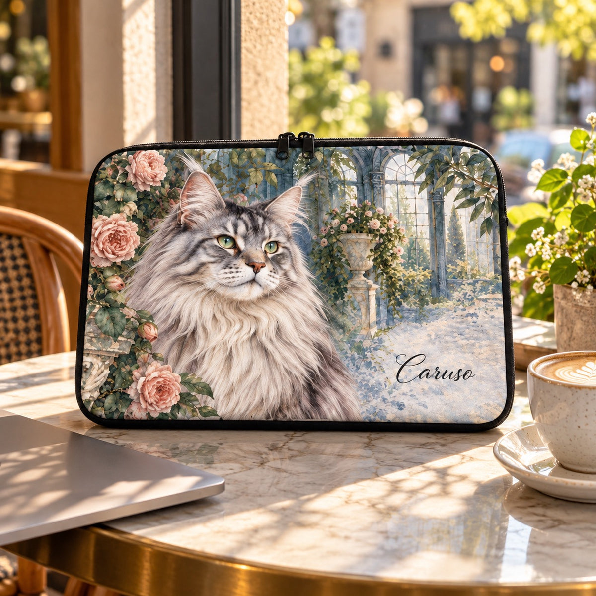 Randlose Laptophülle mit Katze Maine Coon im Aquarellstil im Café