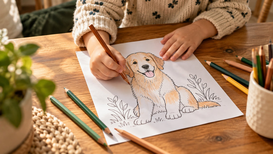 Kinderhände malen ein Hunde-Ausmalbild mit Buntstiften aus