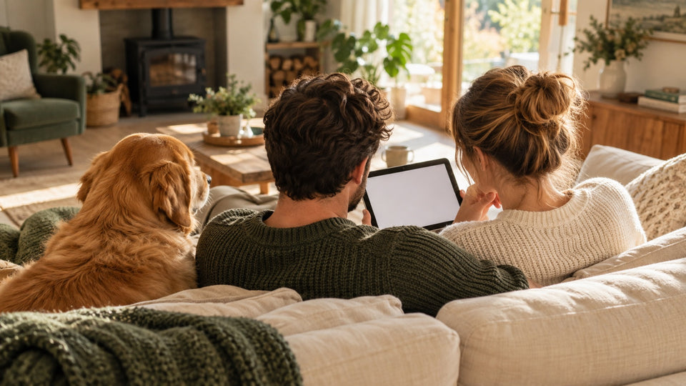 Paar auf dem Sofa schaut mit seinem Golden Retriever auf ein Tablet