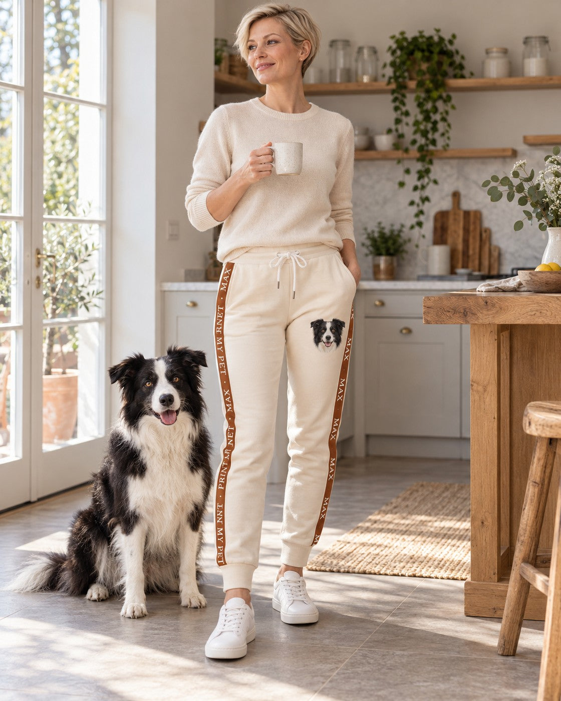 Personalisierte Jogginghose Signature Stripe mit Hundename im Seitenstreifen, getragen in der Küche, Hund Max