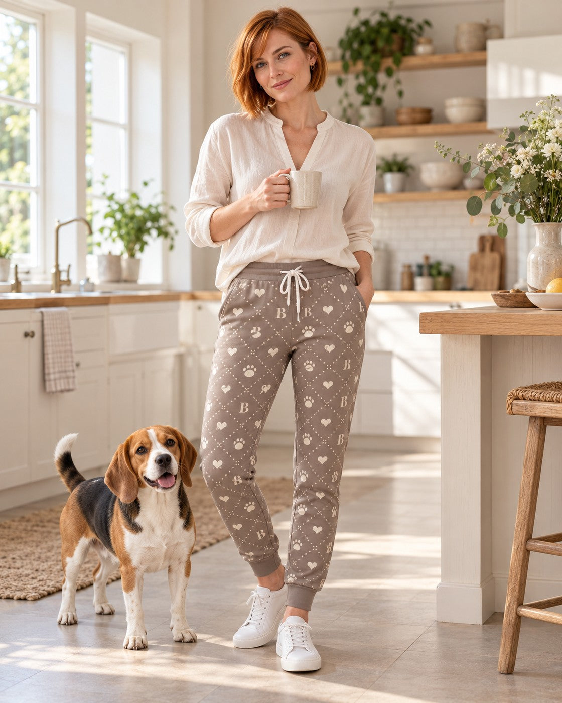 Personalisierte Jogginghose Monogramm mit Initiale des Hundes, getragen in der Küche, Hund Benny