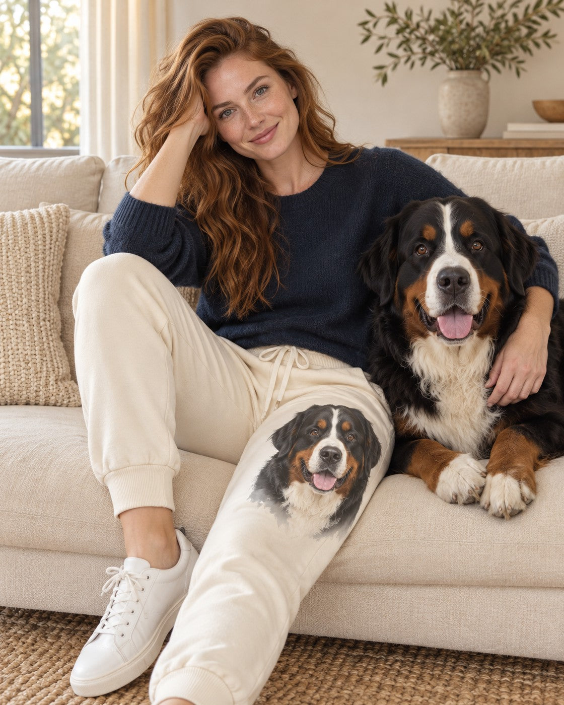 Personalisierte Jogginghose Statement mit großem Hundeportrait, getragen auf dem Sofa, Hund Balu