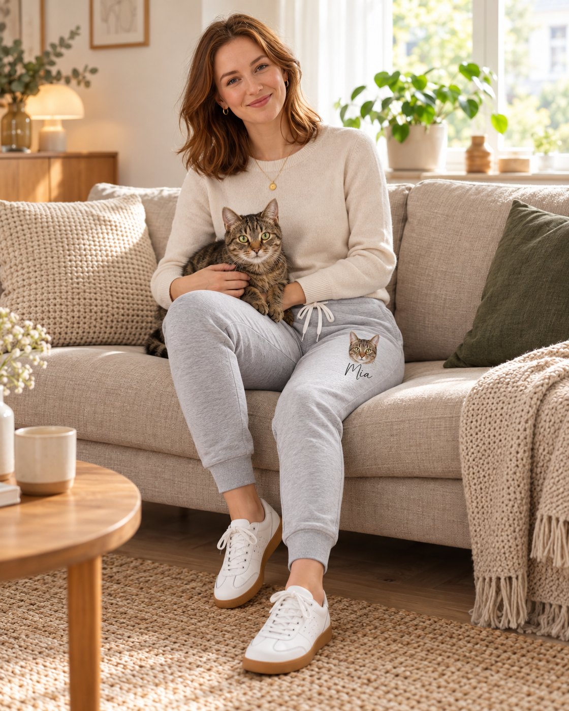 Personalisierte Jogginghose hellgrau mit Katzenportrait und Name, getragen auf dem Sofa, Katze Mia