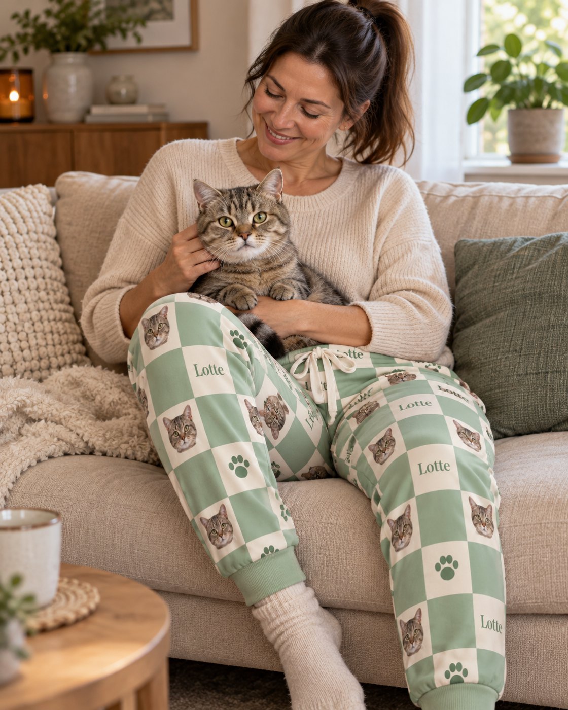 Personalisierte Jogginghose Karo mit Katzengesicht und Name, getragen auf dem Sofa, Katze Lotte