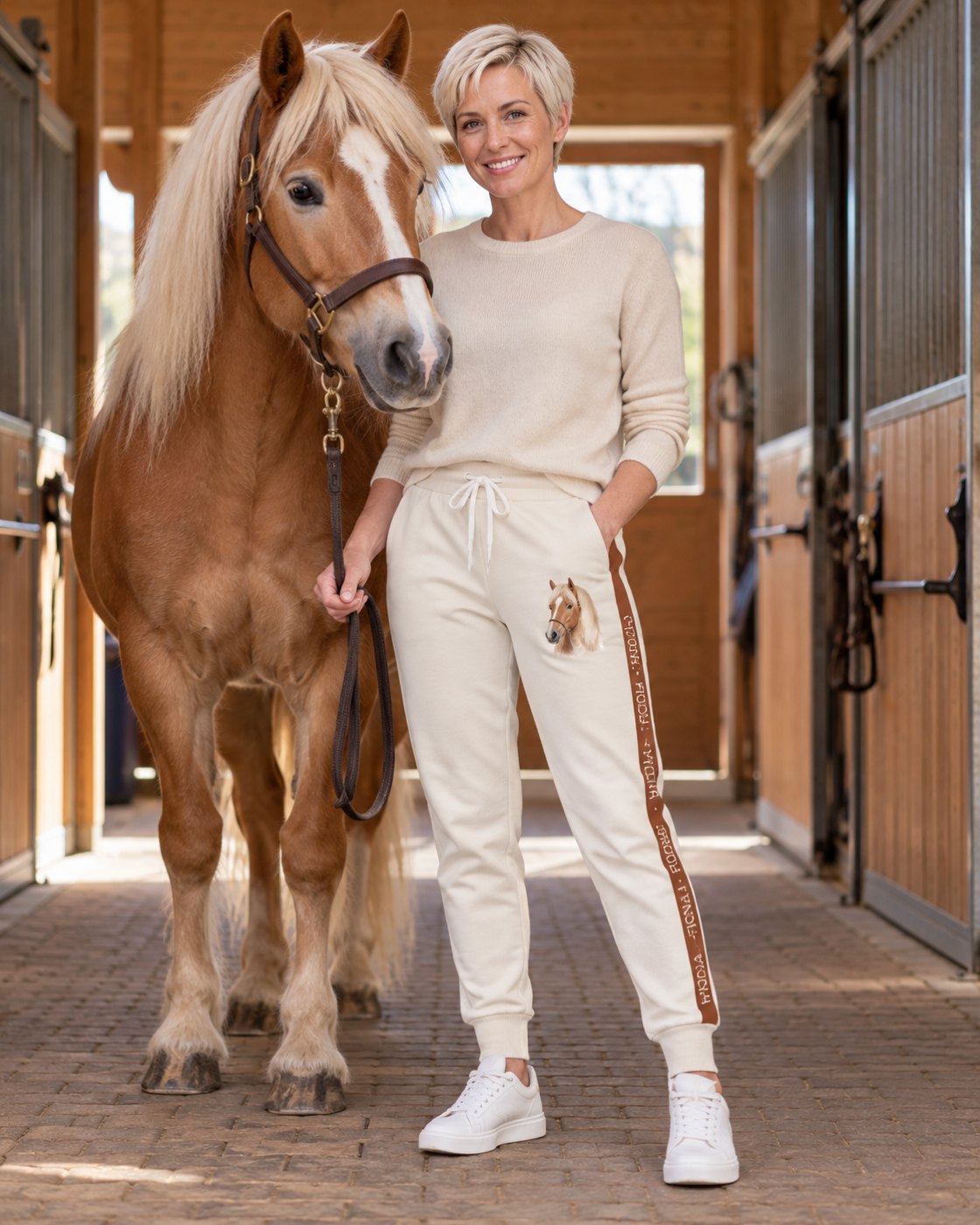 Personalisierte Jogginghose Signature Stripe mit Pferdename im Seitenstreifen, in der Stallgasse, Pferd Fiona