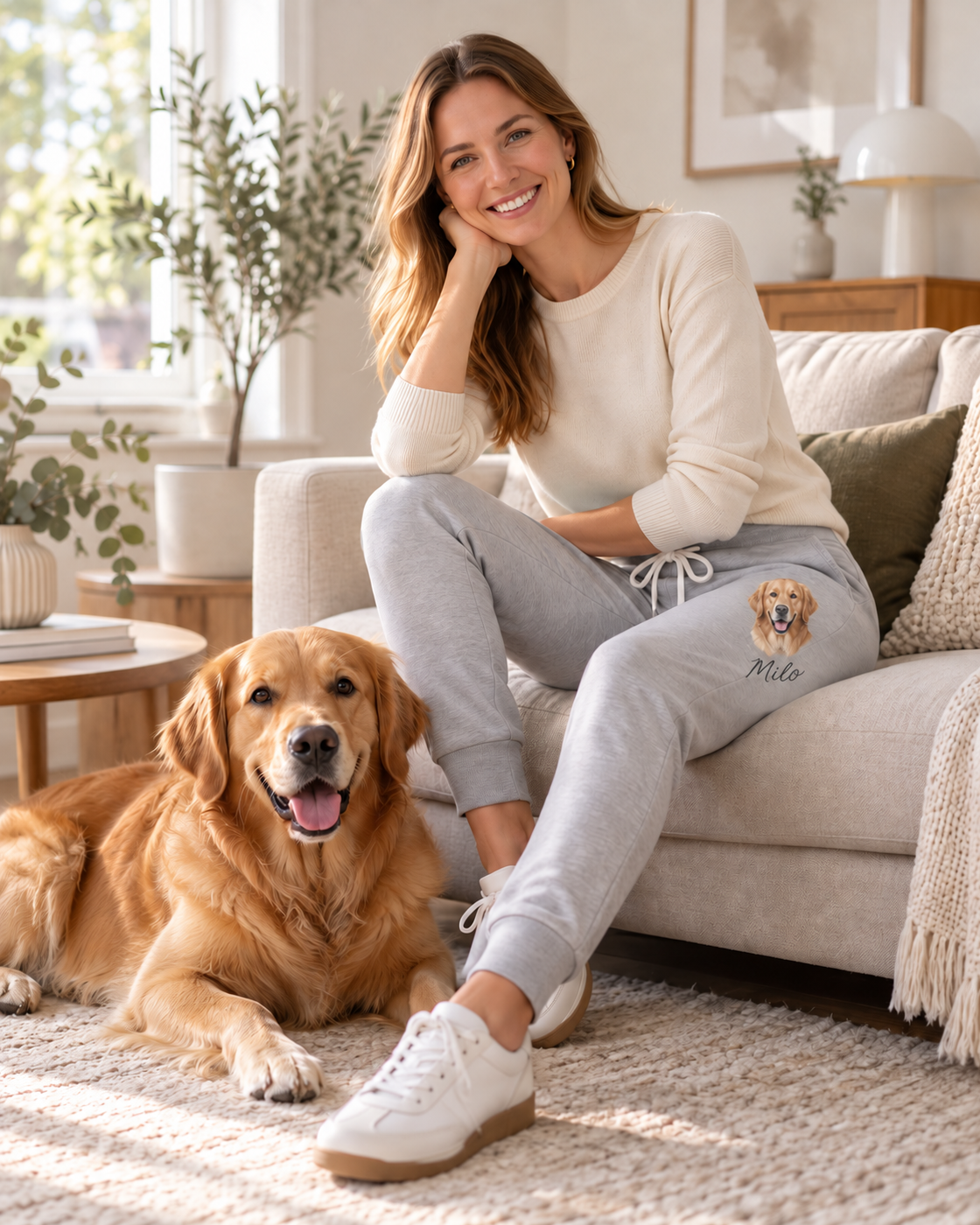 Frau auf dem Sofa in hellgrauer Jogginghose mit Portrait ihres Hundes Milo und Namen