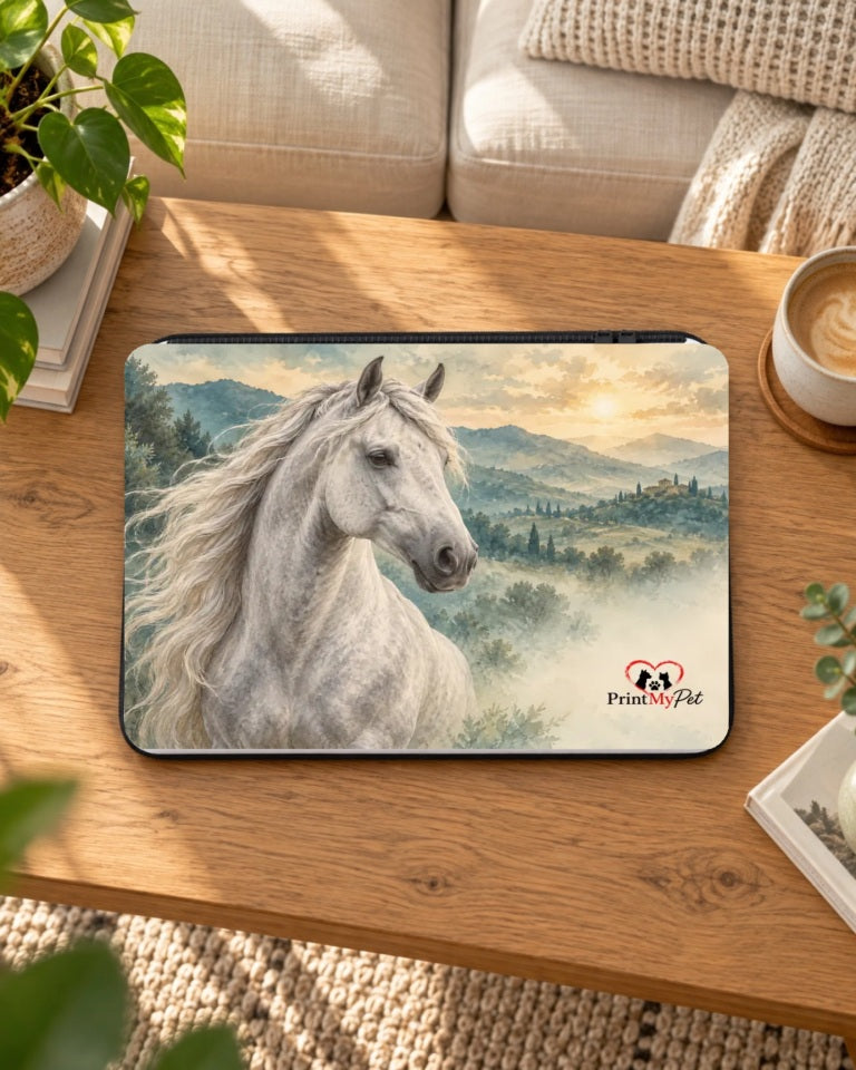 Laptophülle mit Schimmel im Aquarell-Stil auf dem Couchtisch im gemütlichen Wohnzimmer