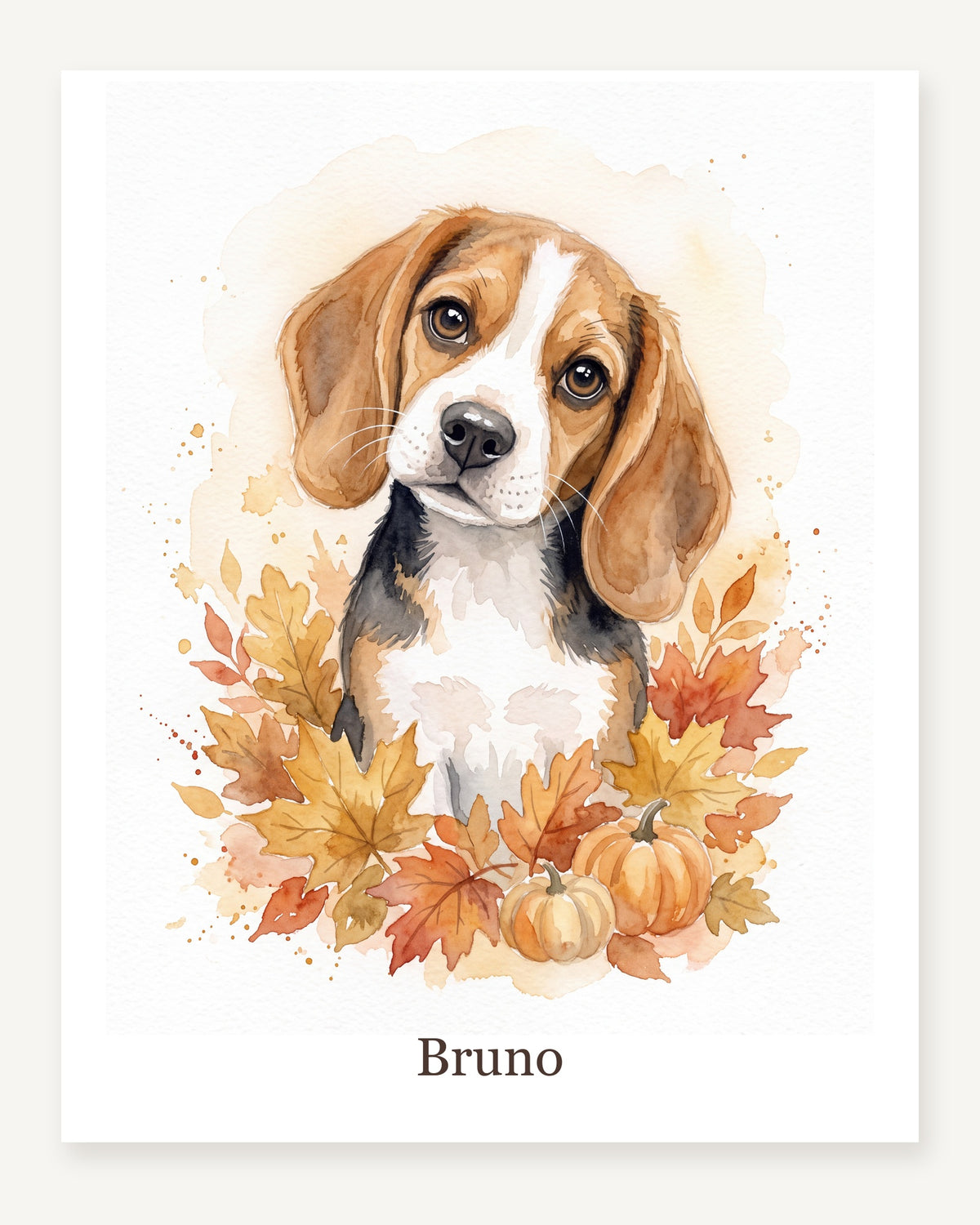 Personalisiertes Wandbild im Herbstlaub, Beagle Bruno im Aquarellstil, freigestellt