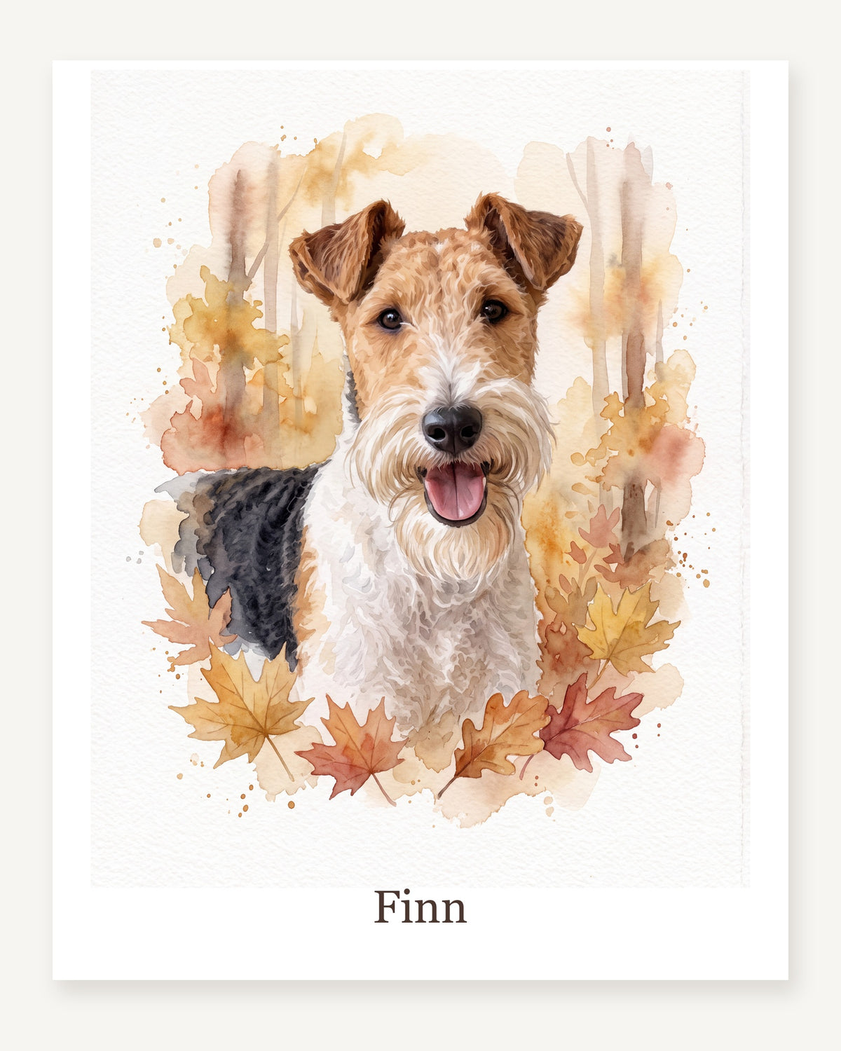 Dein Hund im Herbstwald als Poster, Drahthaar Foxterrier Finn im Aquarellstil, freigestellt
