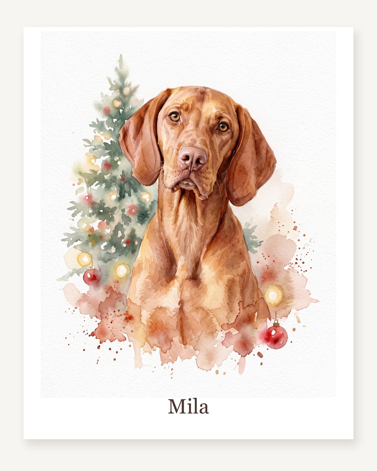 Dein Hund an der Weihnachtstanne als Poster, Magyar Vizsla Mila im Aquarellstil, freigestellt