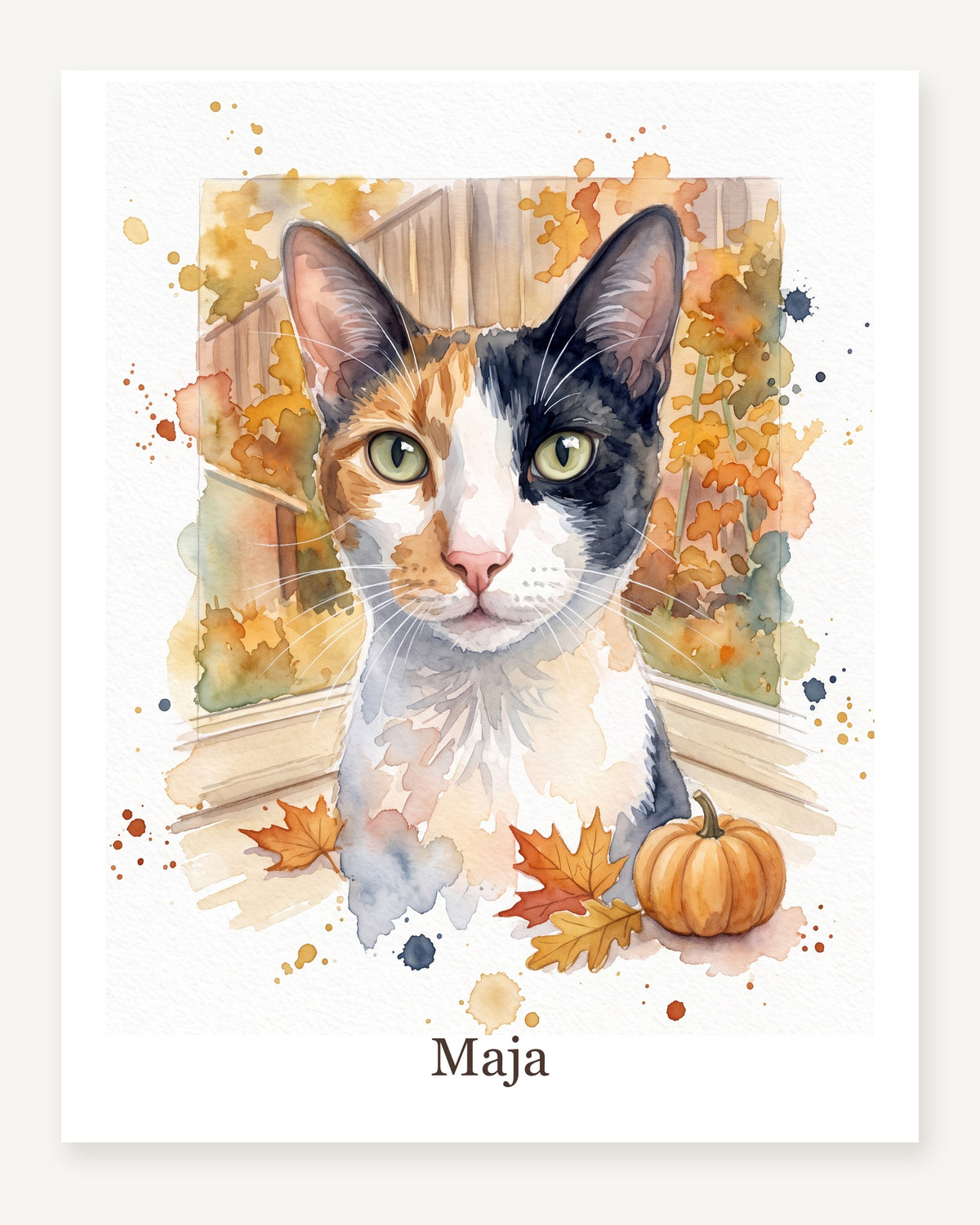 Deine Katze am Herbstfenster als Poster, dreifarbige Glückskatze Maja im Aquarellstil, freigestellt