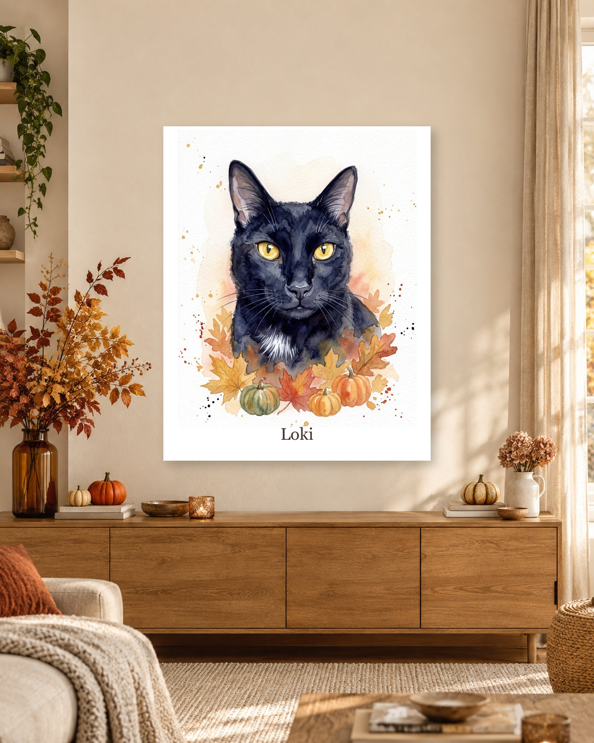 Deine Katze im Herbstlaub als Poster, schwarze Hauskatze Loki im Aquarellstil, im saisonal dekorierten Wohnraum