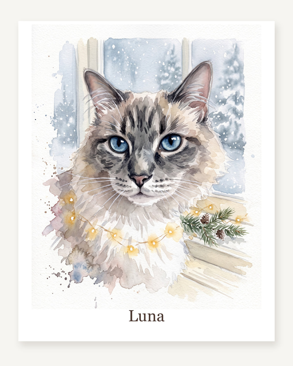 Deine Katze am Weihnachtsfenster als Poster, Ragdoll Luna im Aquarellstil, freigestellt