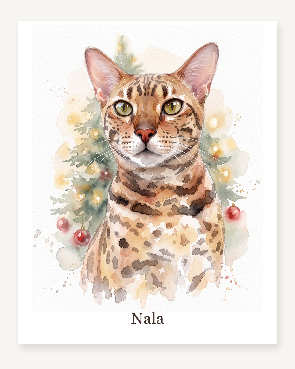 Deine Katze an der Weihnachtstanne als Poster, Bengal Nala im Aquarellstil, freigestellt
