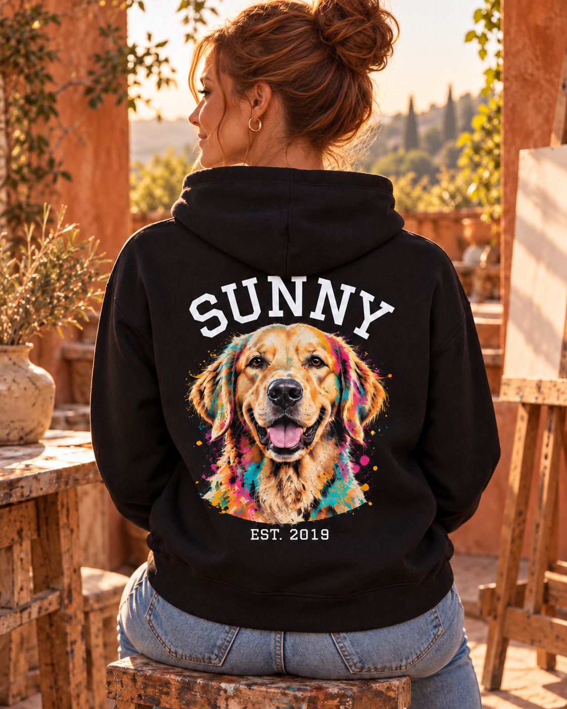 Hoodie mit dem Kopf deines Tieres auf dem Rücken, personalisiert – Lifestyle-Ansicht