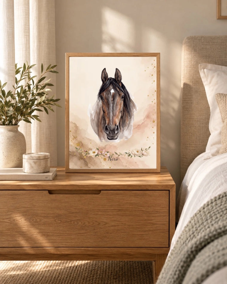 Pferd Nero als Tinte und Gold Portrait im Schlafzimmer