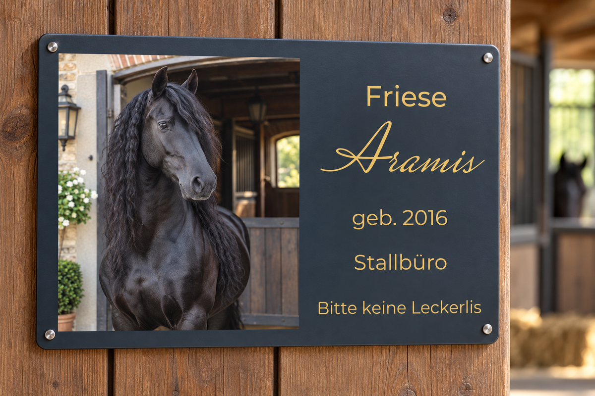 Pferde-Boxenschild mit Aramis, Namen und vier persönlichen Zusatzfeldern; Montagebeispiel