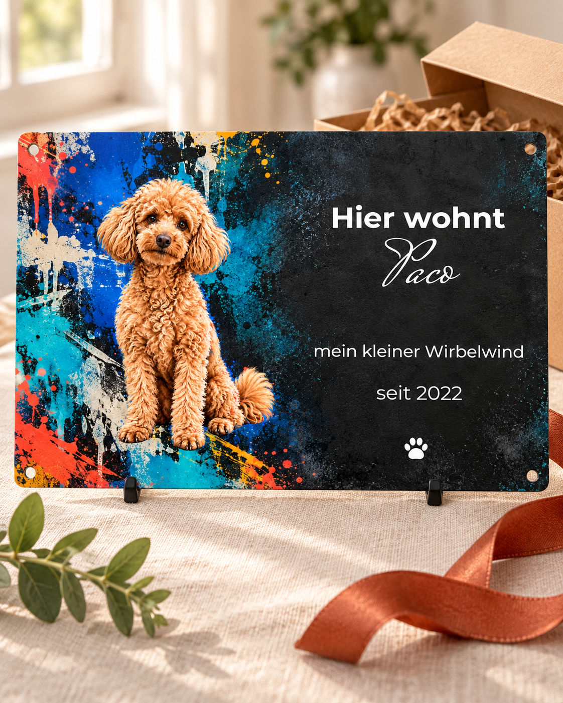 Graffiti-Türschild mit Paco als Geschenk; große Schrift und vier Befestigungslöcher