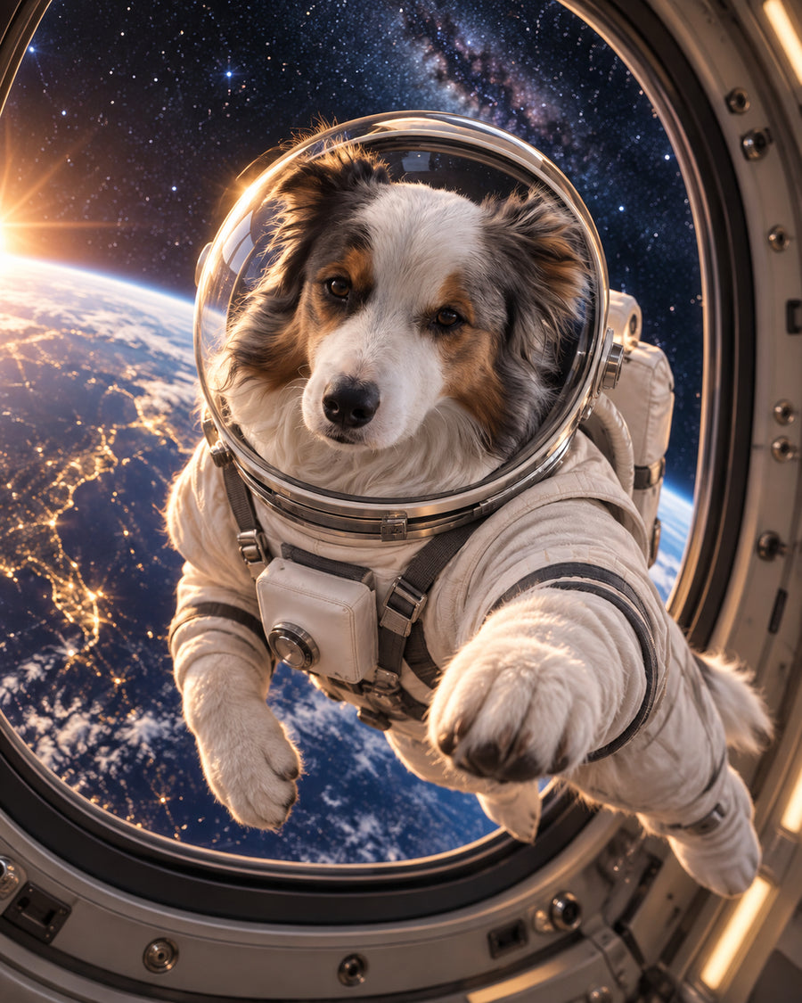 Un chien en combinaison spatiale flotte devant le hublot d'une station spatiale, avec la Terre en arrière-plan