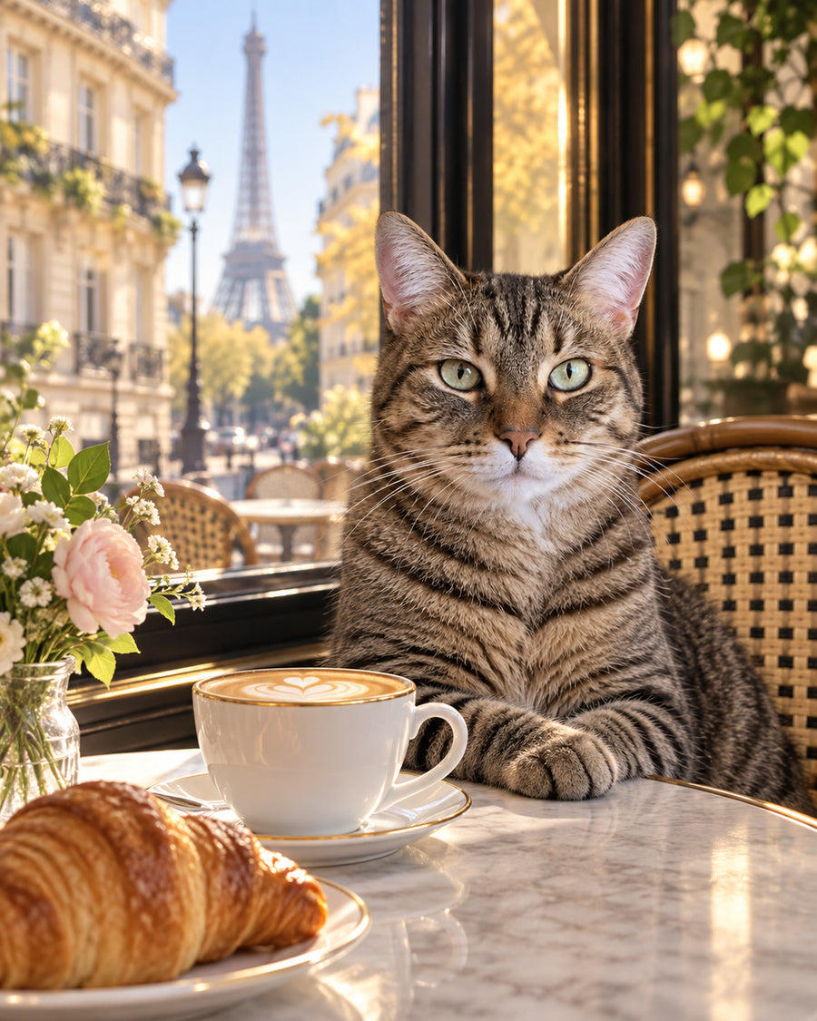 Un chat tigré dans un café parisien avec cappuccino et croissant, la tour Eiffel en arrière-plan