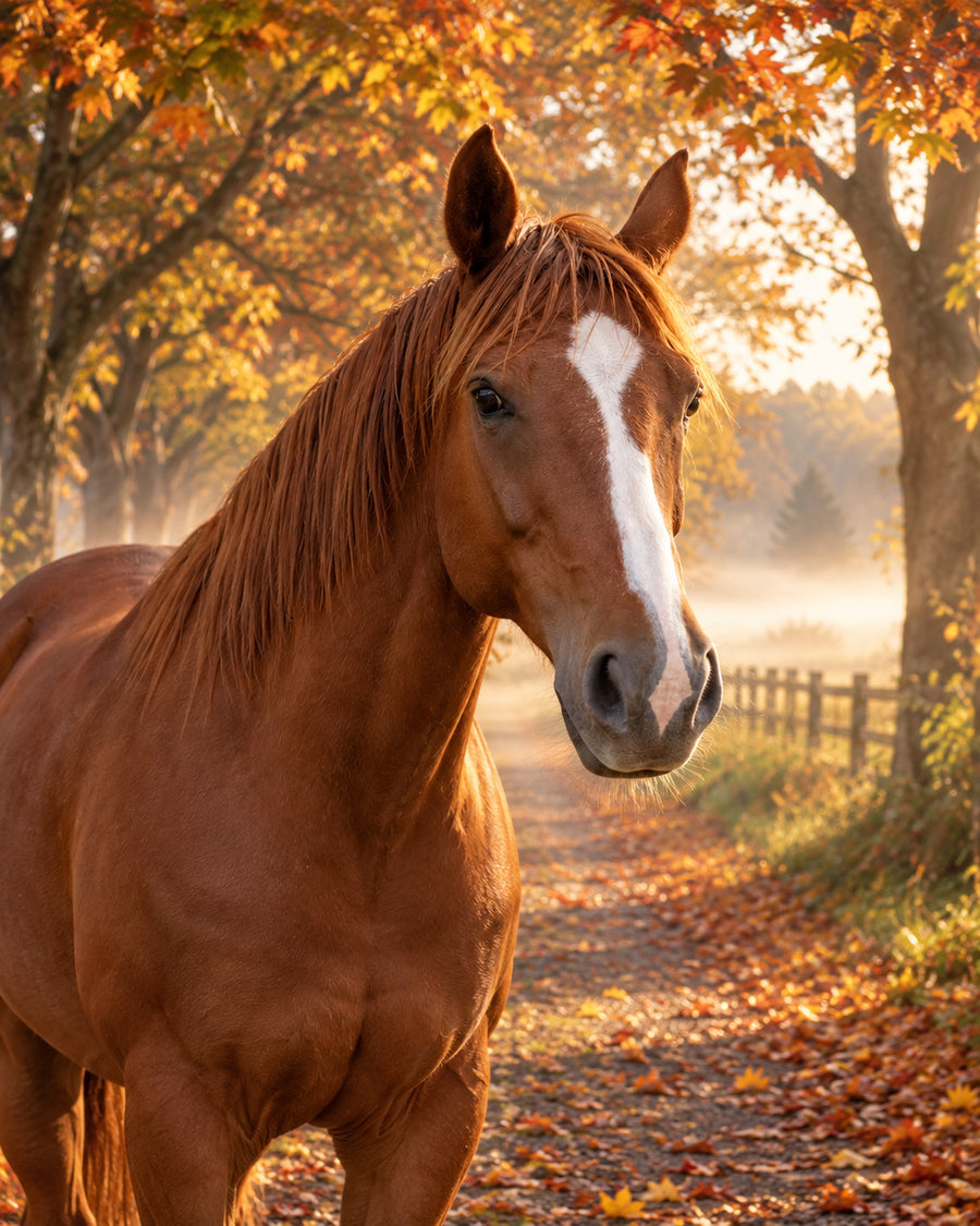 Un cheval alezan avec une liste sur un chemin d'automne, sous des arbres colorés