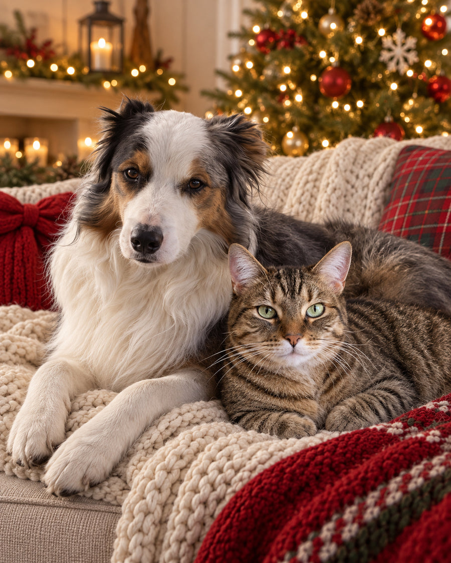 Un chien et un chat blottis sur le canapé devant le sapin de Noël décoré