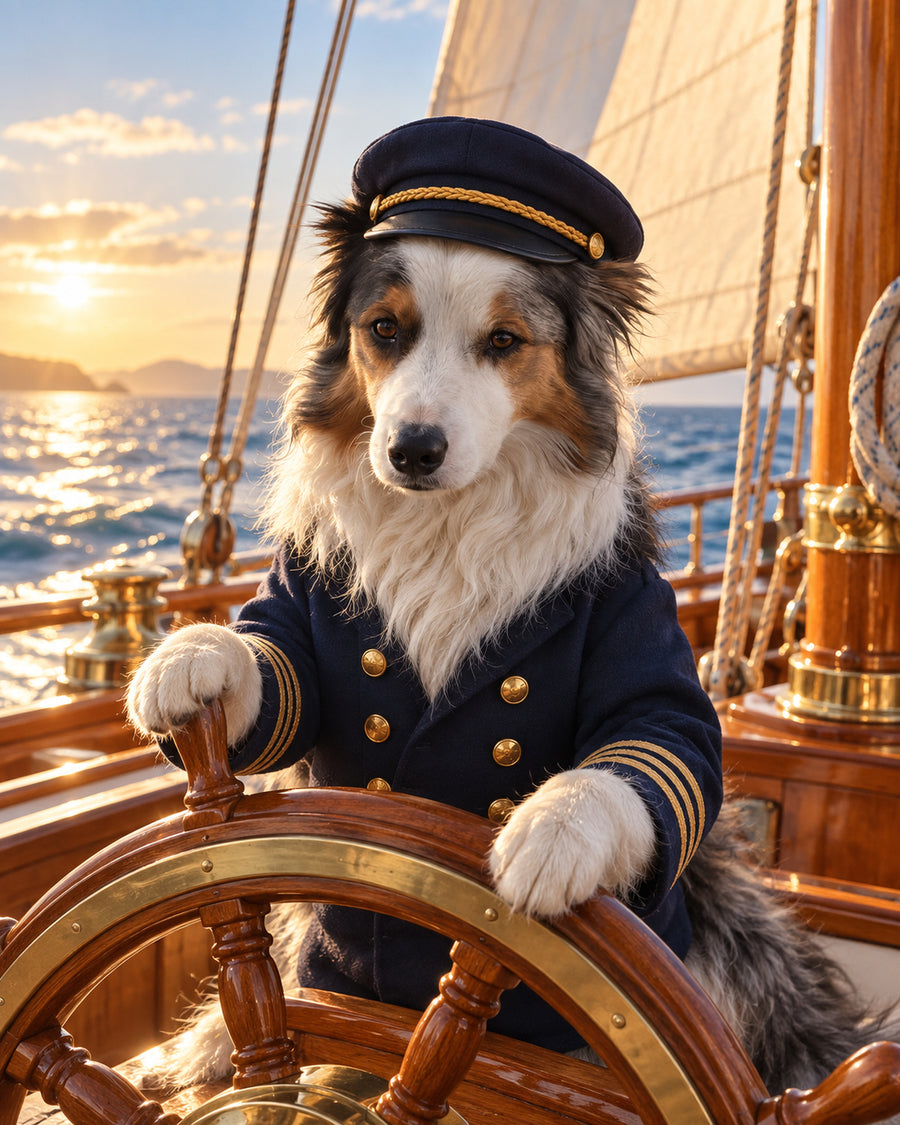 Un chien en capitaine, en uniforme, à la barre d'un voilier au coucher du soleil