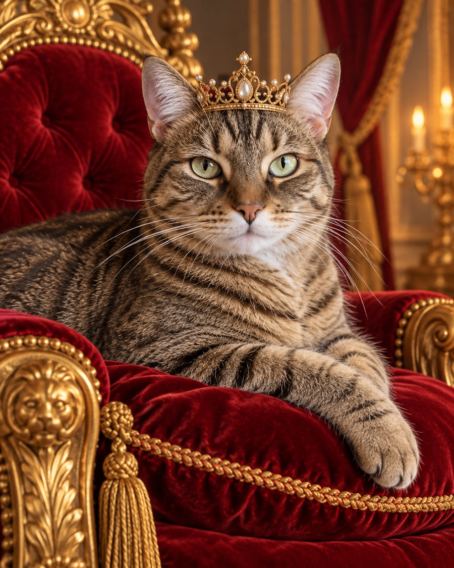 Un chat tigré couronné sur un trône de velours rouge