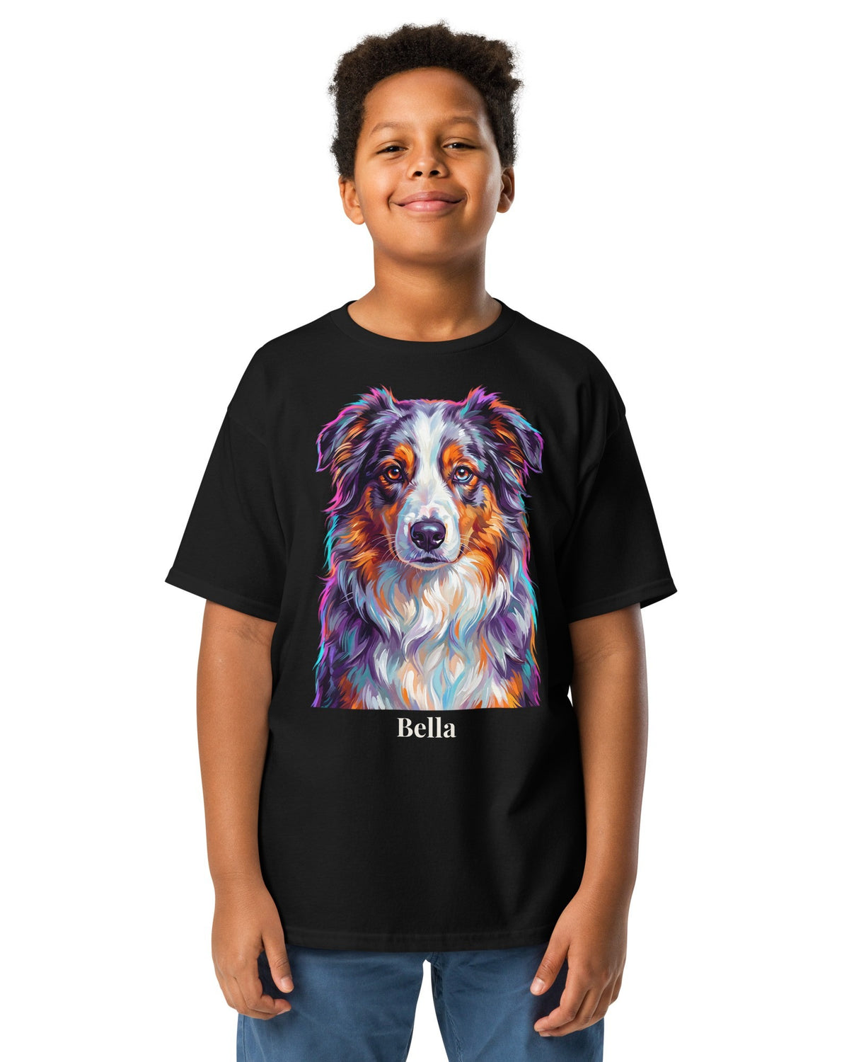Junge im schwarzen T-Shirt mit Hundeportrait im Pop-Art-Stil