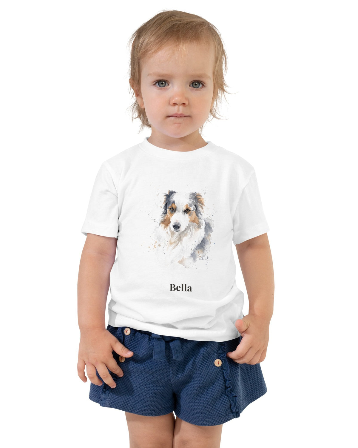 Kleinkind-T-Shirt weiß mit Hundeportrait im Aquarell-Stil und Namen Bella