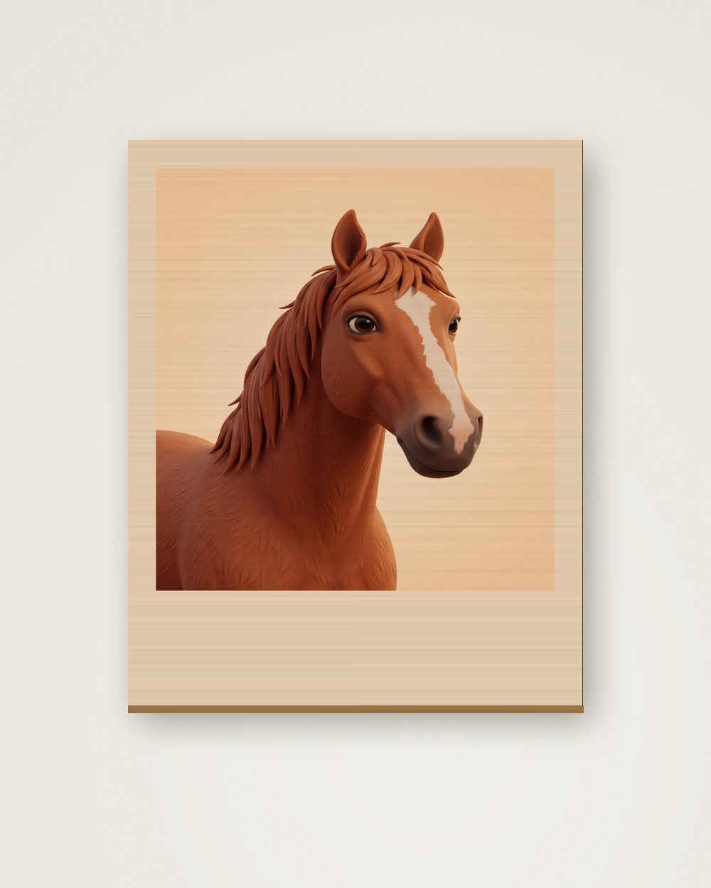 Pferdeportrait im Stil 3D-Cartoon auf Holz, Beispiel