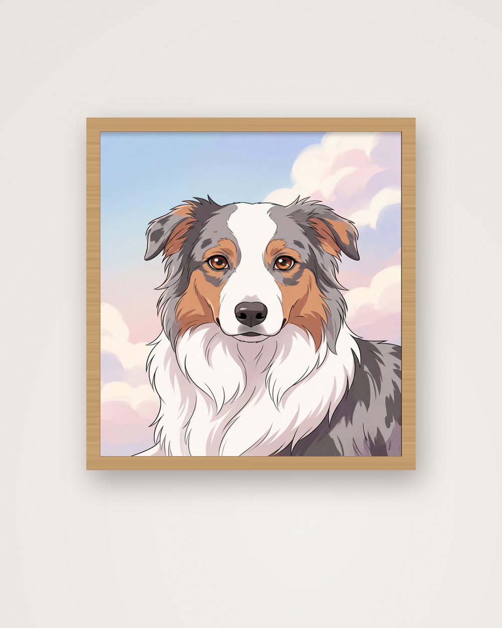 Hundeportrait im Stil Anime als Poster im Holzrahmen, Beispiel