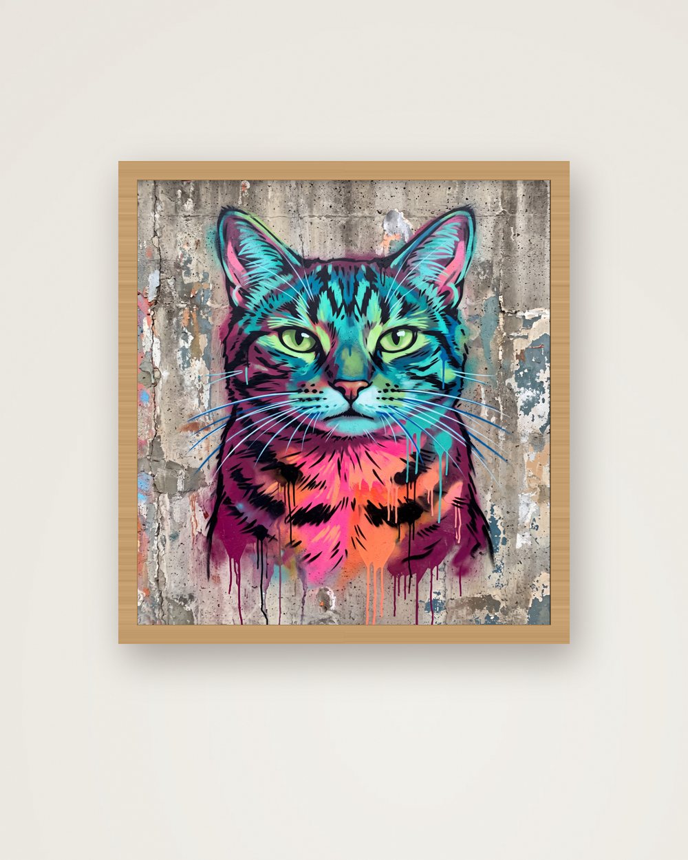 Katzenportrait im Stil Street-Art als Poster im Holzrahmen, Beispiel