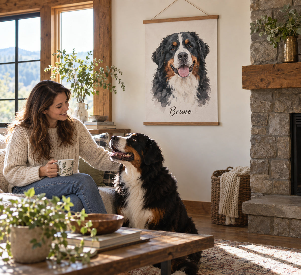 Hundeportrait mit Aufhängung im Wohnzimmer, Berner Sennenhund mit dem Namen Bruno